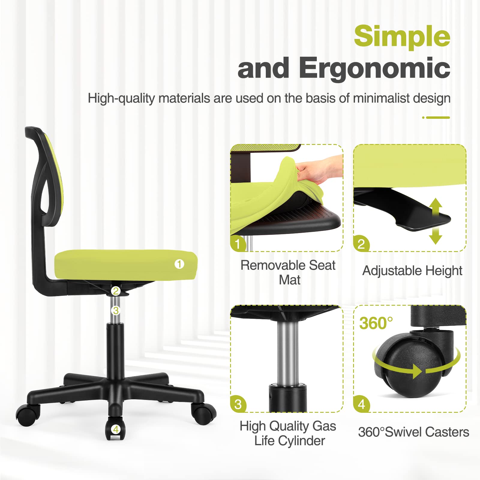 Small Office Chair, Ergonomic Low-Back Mesh Rolling Work Swivel Desk Chairs with Wheels, Armless Comfortable Seat Lumbar Support for Home, Bedroom, Study, Student, Adults, Green