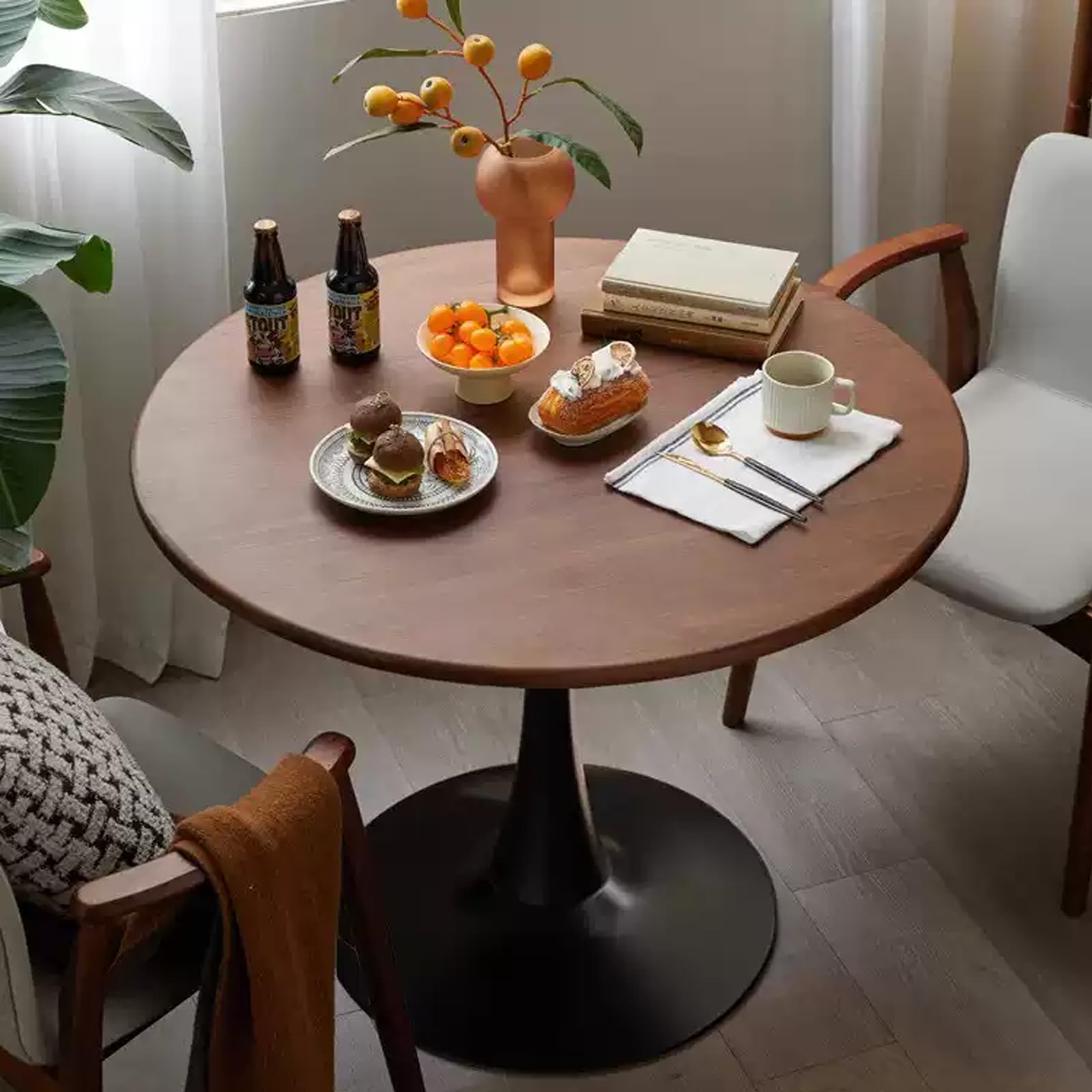 27.3" Round Tulip Dining Table for 2-4 People with Walnut Top and Black Metal Pedestal Base, Mid-Century Modern Small Space Table for Kitchen, Living Room, Cafe