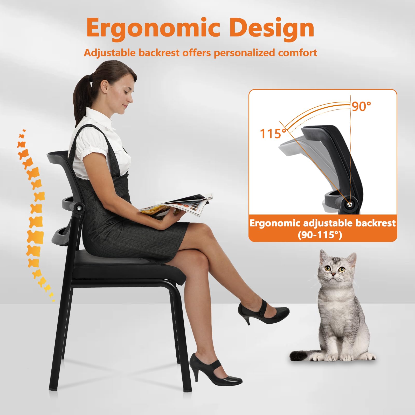 12PK Mesh Stacking Office Desk Chairs, Portable Stackable Bulk Waiting Room Armless Chair with Adjustable Back & Leather Seat for Guest Lobby Side School Church Conference Break, Black