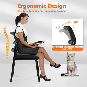 12PK Mesh Stacking Office Desk Chairs, Portable Stackable Bulk Waiting Room Armless Chair with Adjustable Back & Leather Seat for Guest Lobby Side School Church Conference Break, Black