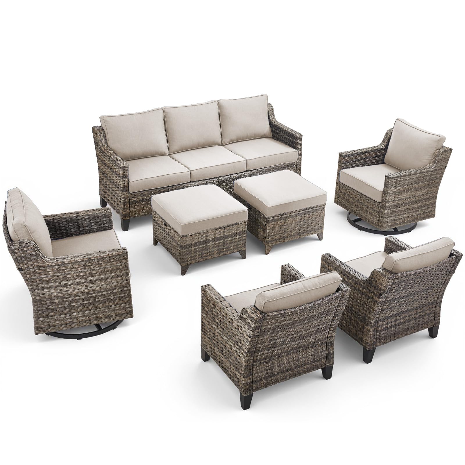 Wicker Patio Furniture Set-7 PieceAll Weather Outdoor Conversation Sets Sectional Sofa with Wicker Swivel Rocker Patio Chairs, Thick Cushions Ottomans for Porch Balcony Patio Deck Grey/Beige