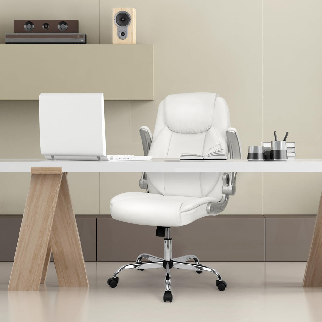 High Back Office Desk Chair for Computer Garming Ergonomic Executive Chair with Comfy Lumbar Support Flip-up Arms Height Adjustable Swivel (Leather White)