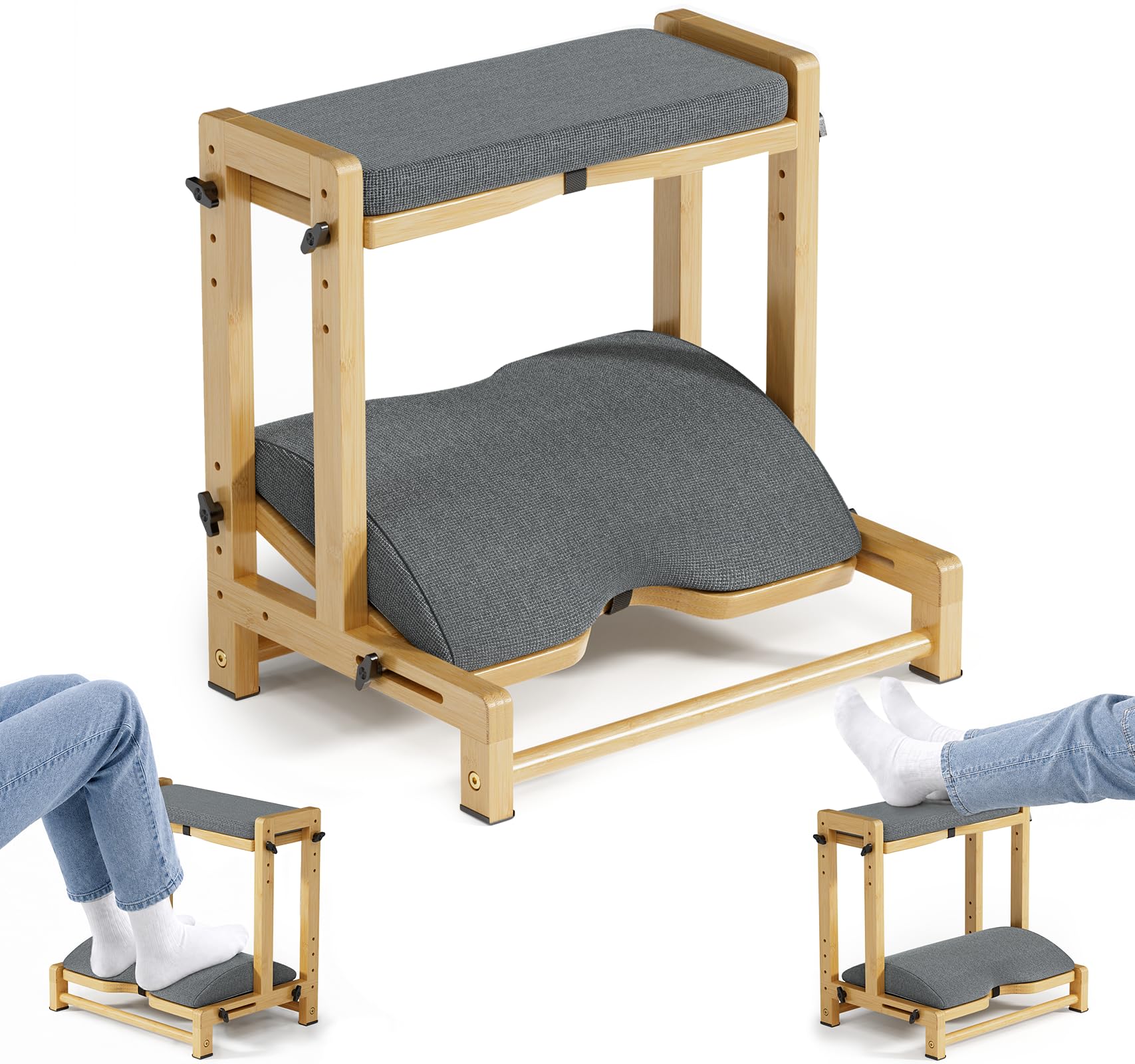 Double Step Foot Rest for Under Desk, 4 Adjustable Heights Bamboo Under Desk footrest with Soft Cushion, Dual-Layer Desk Foot Stool for Office Home Gaming, Natural Wood Foot Rests for Work
