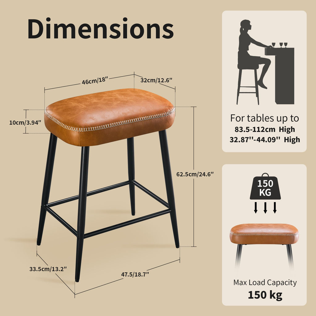 24 Inch Bar Stools Set of 2, Counter Height Bar Stool for Kitchen Island, Metal Bar Stools for Counter, Modern Kitchen Stools with Sturdy Metal Base and Adjustable Foot Pins, Brown