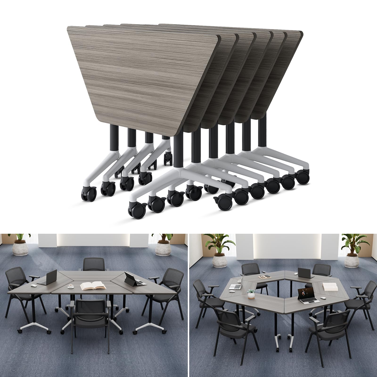 6 Pack Folding Conference Tables with Wheels, 4FT Modern Modular Conference Room Table Mobile Trapezoid Foldable Training Table for Office Classroom Meeting (6PACK,Oak Grey)