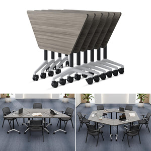 6 Pack Folding Conference Tables with Wheels, 4FT Modern Modular Conference Room Table Mobile Trapezoid Foldable Training Table for Office Classroom Meeting (6PACK,Oak Grey)
