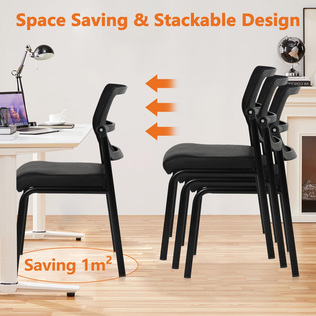12PK Mesh Stacking Office Desk Chairs, Portable Stackable Bulk Waiting Room Armless Chair with Adjustable Back & Leather Seat for Guest Lobby Side School Church Conference Break, Black