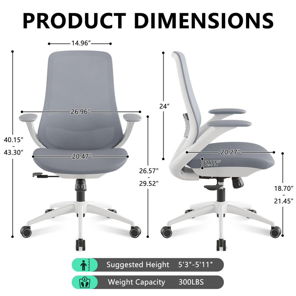 Ergonomic Office Chair, High Back Mesh Desk Chair with Lumbar Support, 360° Swivel & Slide-Adjustable Arms, Tilt Lock and Recline, Breathable Task Chair for Home Office & Gaming (Grey)