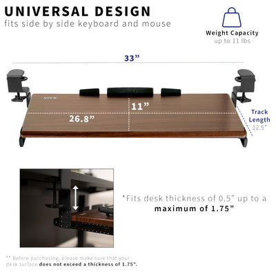 Large Height Adjustable Under Desk Keyboard Tray, C-clamp Mount System, 27 (33 Including Clamps) x 11 inch Slide-Out Platform Computer Drawer for Typing, Dark Walnut, MOUNT-KB05HD