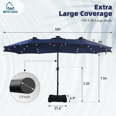 15ft Double Sided Patio Umbrella with Solar Lights, Outdoor Large Umbrellas with Crank Handle and 36 LED Lights, Rectangular Market Umbrella with Base Included for Deck Pool Shade, Navy Blue