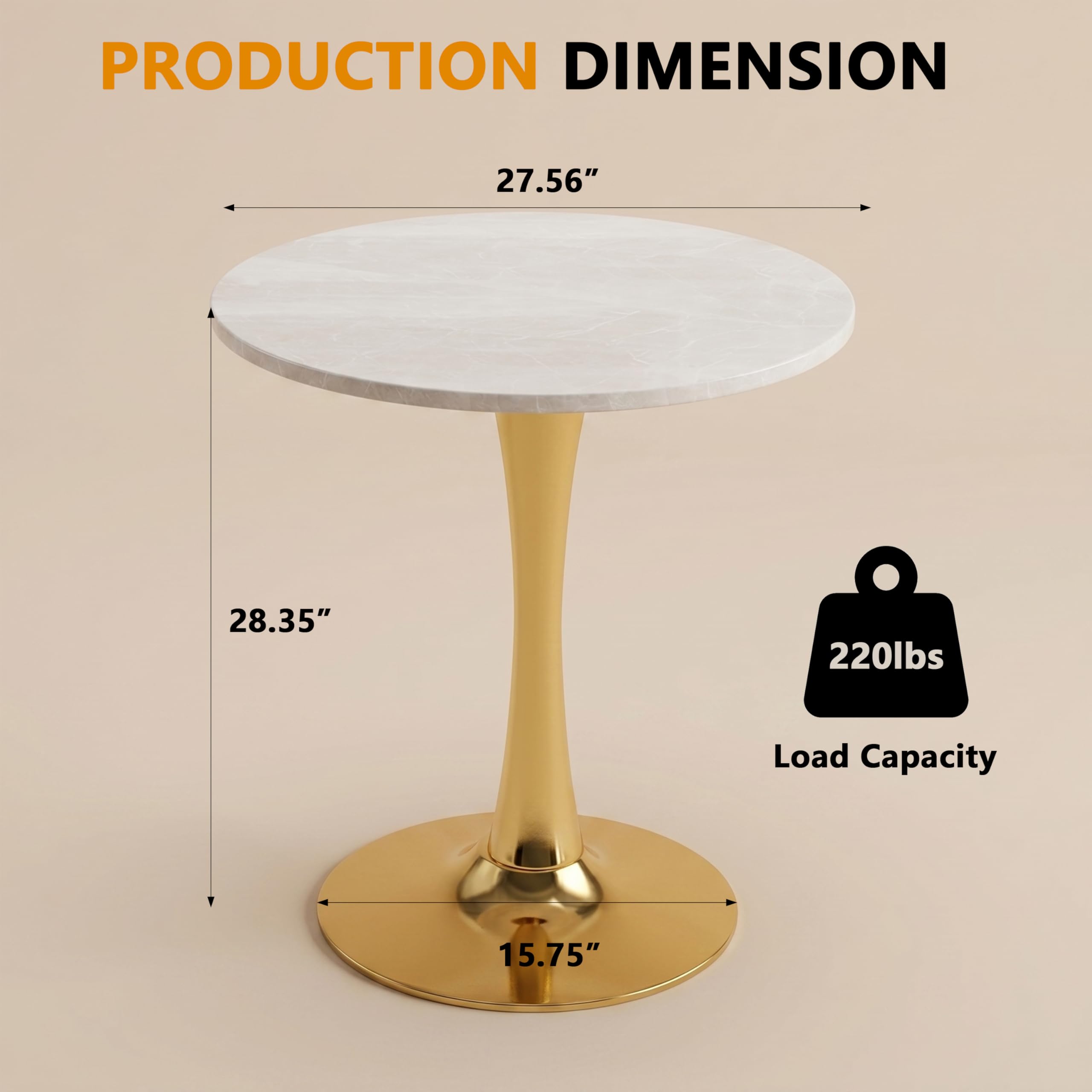 27.6" Marble Round Tulip Table, Mid-Century Modern Style Dining Table with Gold Pedestal Base for 2-4 People, Featuring A Marble Tabletop for Kitchen, Dining Room, Cafe (Grayish White)