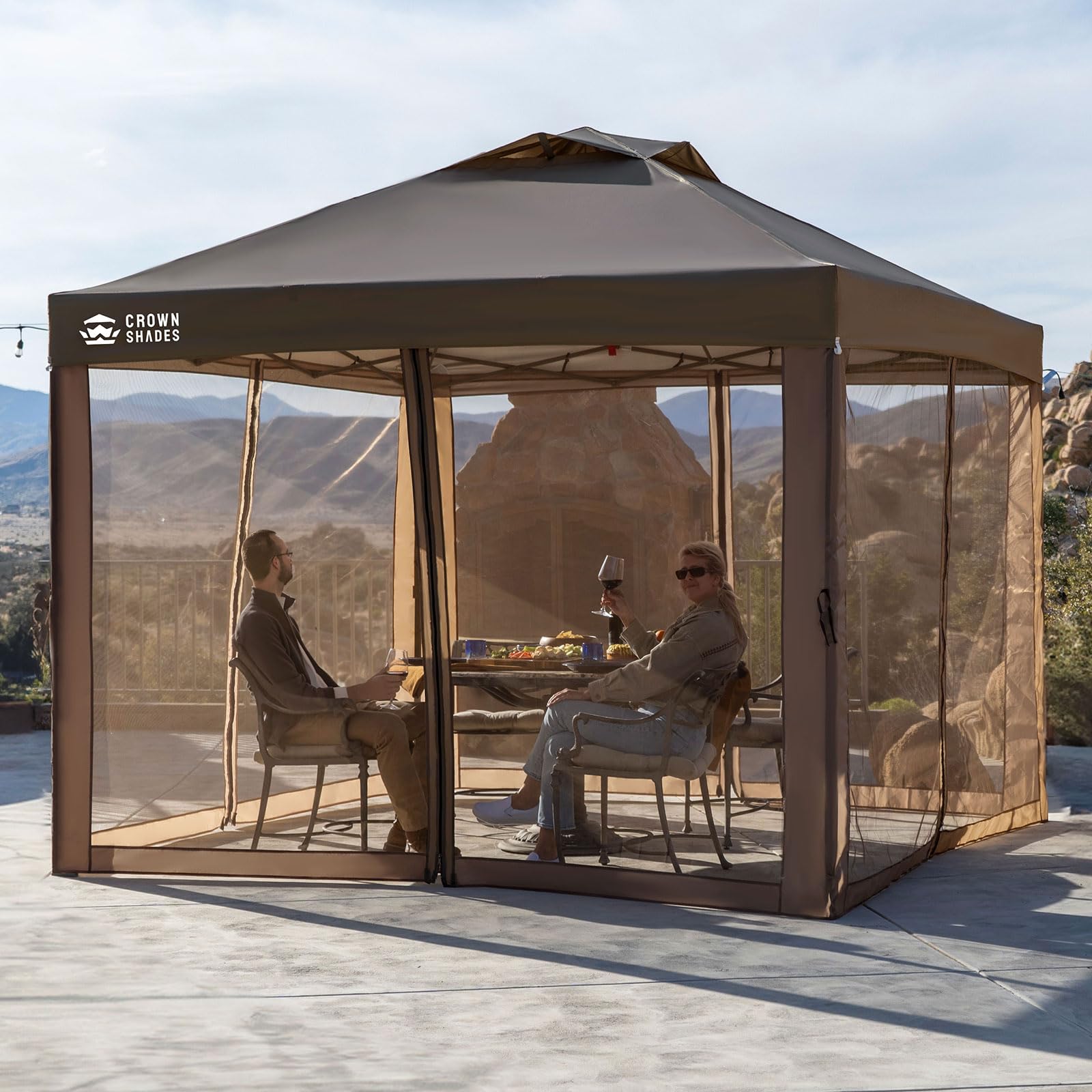 Gazebo 10x10, Pop Up Gazebo with Mosquito Netting, Screen Tent with 4 Ropes, 8 Stakes, 4 Sandbags and Wheeled Storage Bag, Canopy for Patio & Backyard, Coffee
