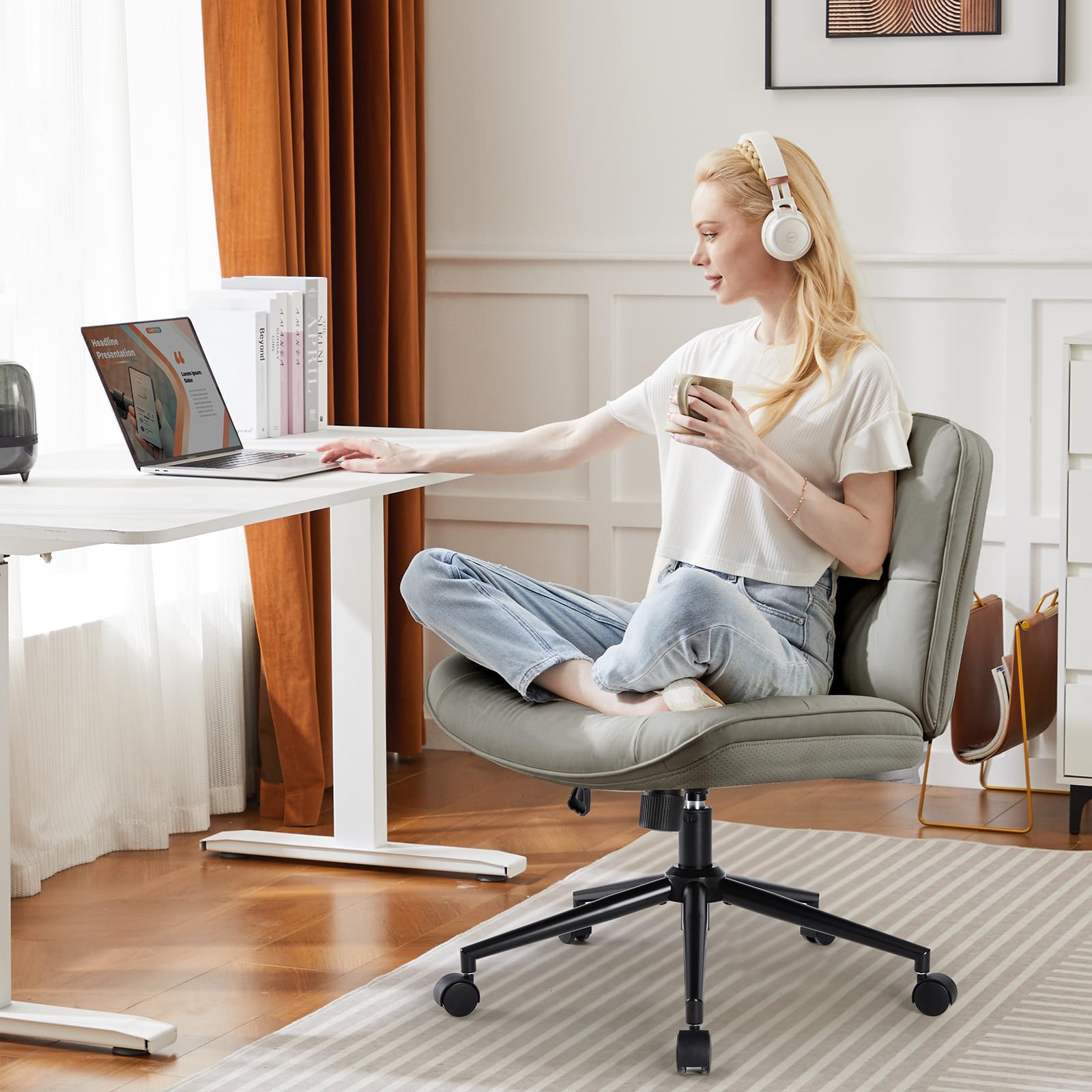 Criss Cross Chair with 360° Swivel Wheels, Armless Wide Cross Legged Vanity Office Desk Chair with Comfy PU Leather& Back - Swivel for Home Office Bedroom Study, Gray