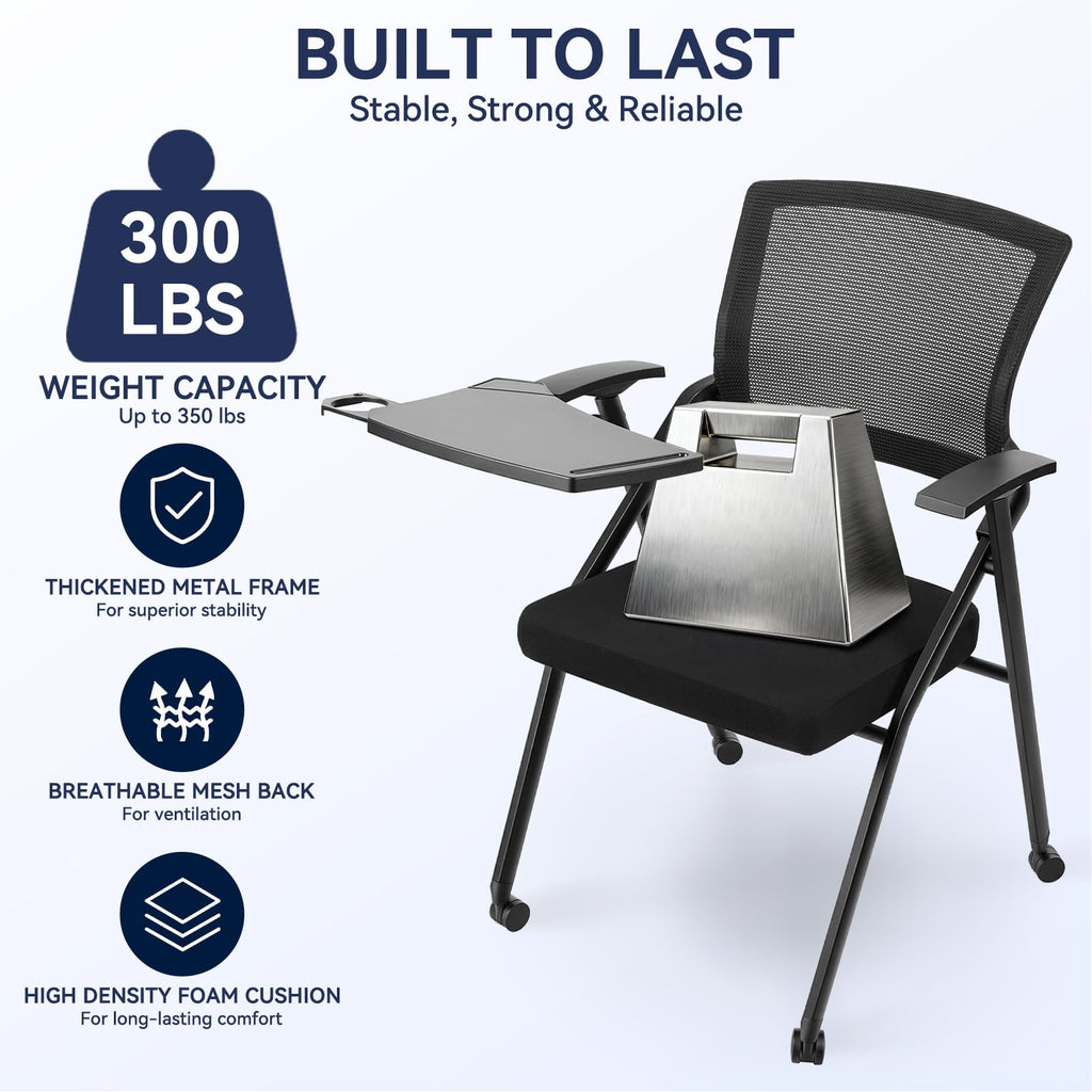 Ergonomic Foldable Office Chair with Breathable Mesh Back, Stackable Conference Chair - PU Wheels & Armrest for Guest, Meeting, Reception (Black) (Black-A)