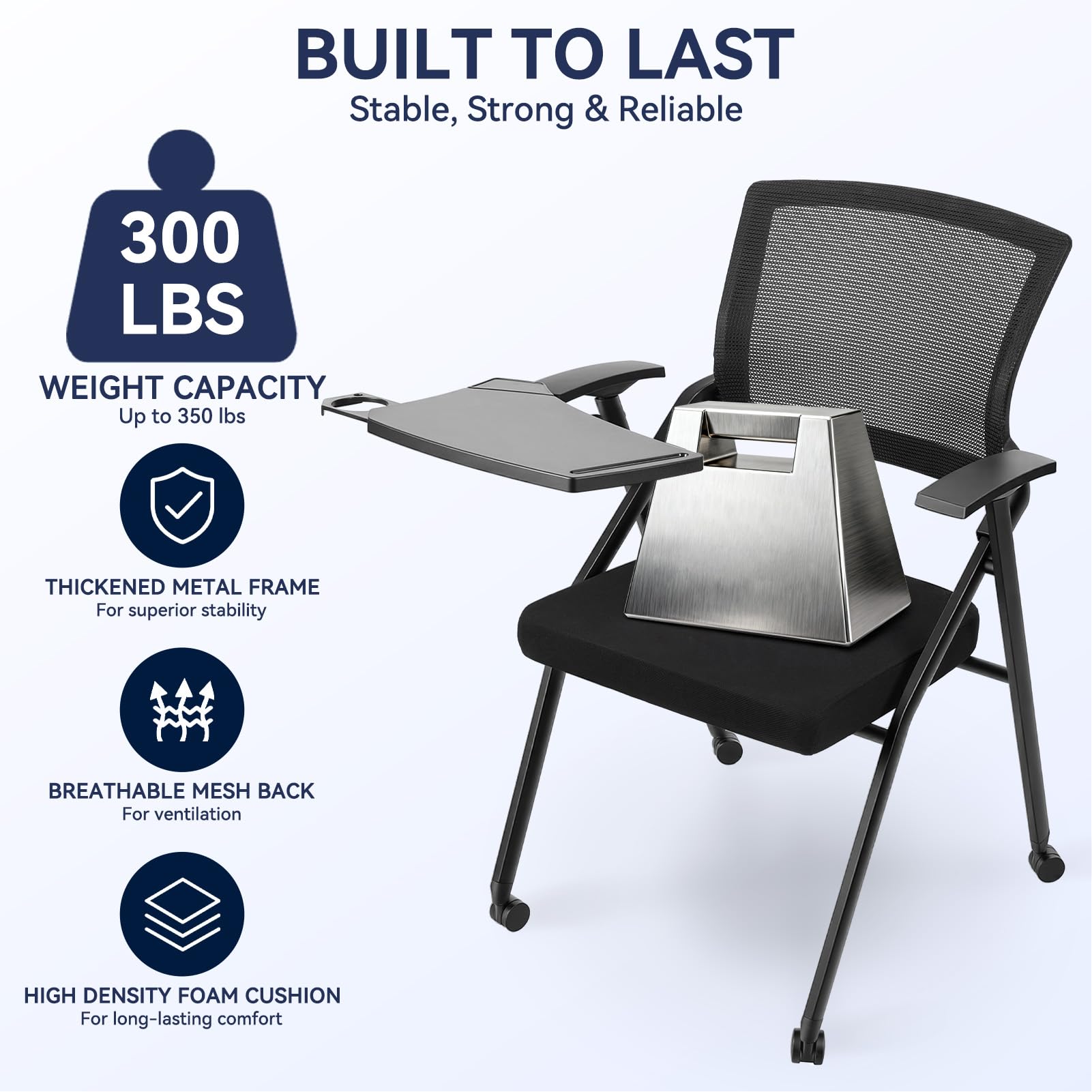 Ergonomic Foldable Office Chair with Breathable Mesh Back, Stackable Conference Chair - PU Wheels & Armrest for Guest, Meeting, Reception (Black) (Black-A)