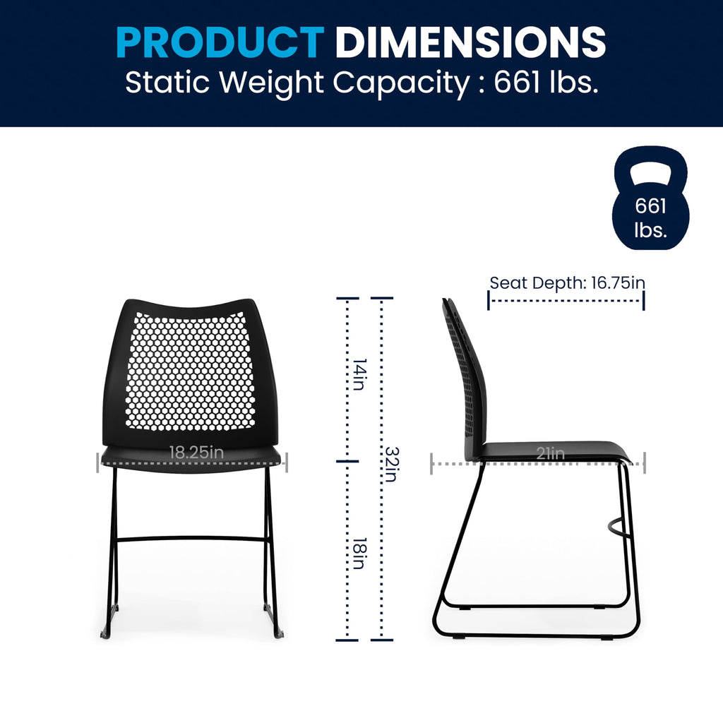 HERCULES Series 661 lb. Capacity Black Stack Chair with Air-Vent Back and Black Powder Coated Sled Base
