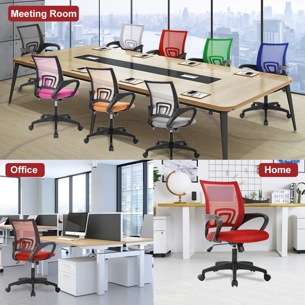 Ergonomic Office Chair | Mid-Back Swivel Desk Chair | Breathable Backrest & Lumbar Support | Adjustable Height | Sponge Seat | Rolling Wheels | Red | for Adults & Women
