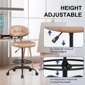 Drafting Chair Without Arms, Tall Office Chair with Footrest Ring for Standing Desk, Small Faux Leather Executive Office Chair with Adjustable Height for Bar Lab Counter Height Desk, Brown