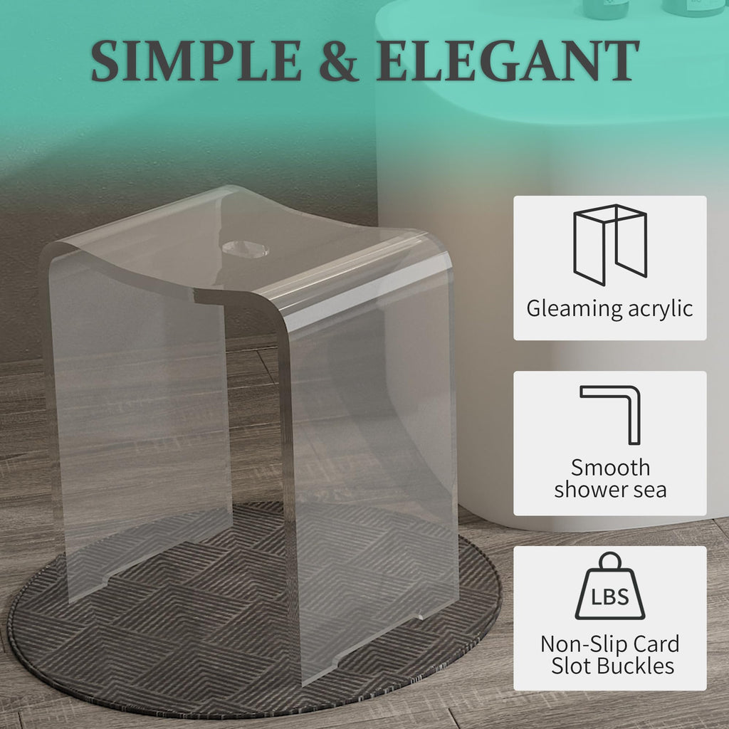 Acrylic Anti-Skip Shower Bench, Clear Shower Stool for Inside Shower, Modern Shower Chair with Curved Seat & Water Leaking Hole 300LBS Weight Capacity