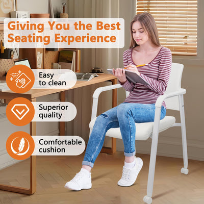 Set of 4, White, Stacking Office Chairs with Wheels | Mesh Back, Thicken Leather Seat and Streamline Armrests, Ergonomic Lumber Support | School, Desk, Guest Reception, Waiting, Conference |