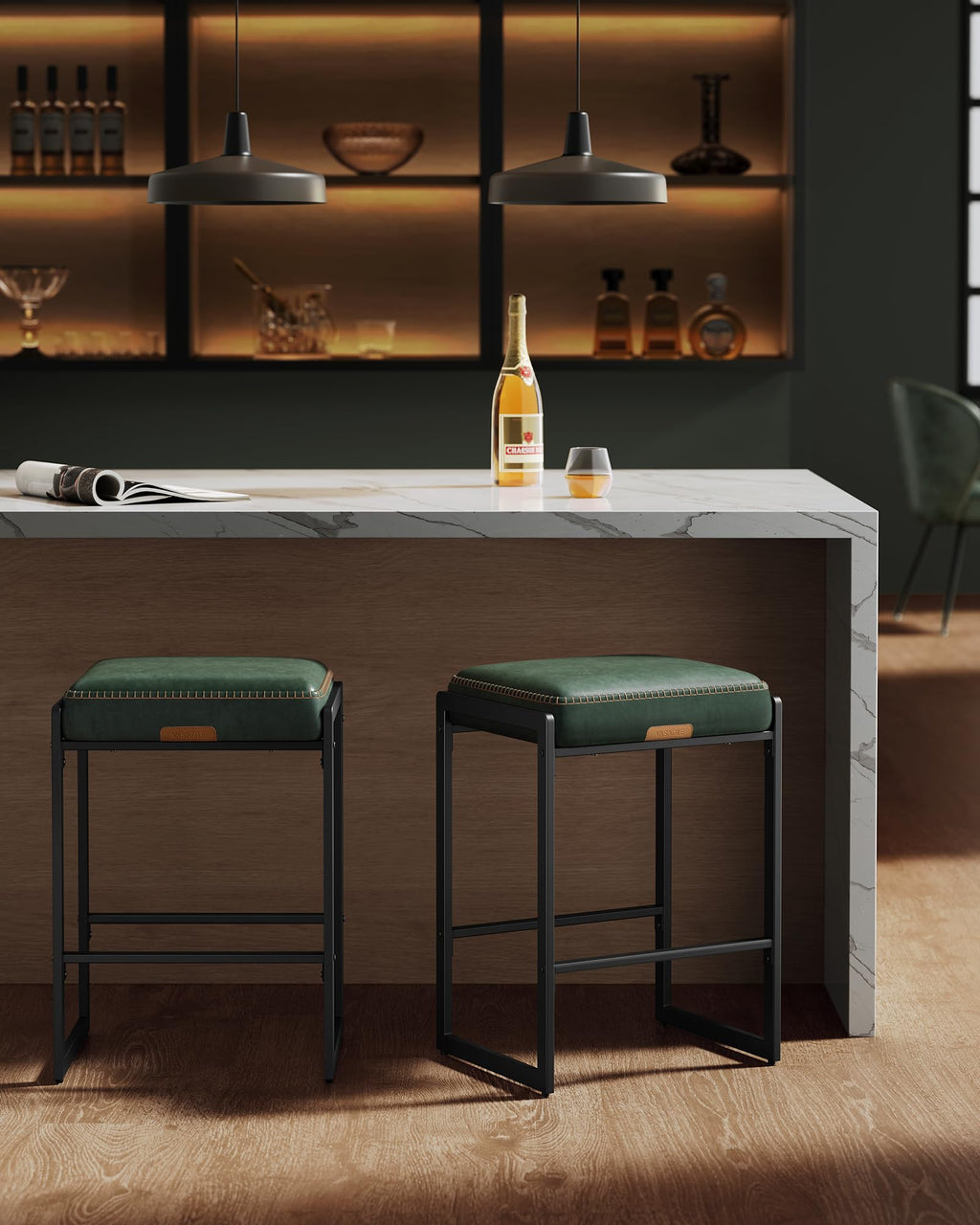 Bar Stools Set of 2, Counter Height Bar Stools, Synthetic Leather with Stitching, Mid-Century Modern Counter Stools, 26-Inch Tall, Kichen Home Bar Dining Room, Forest Green