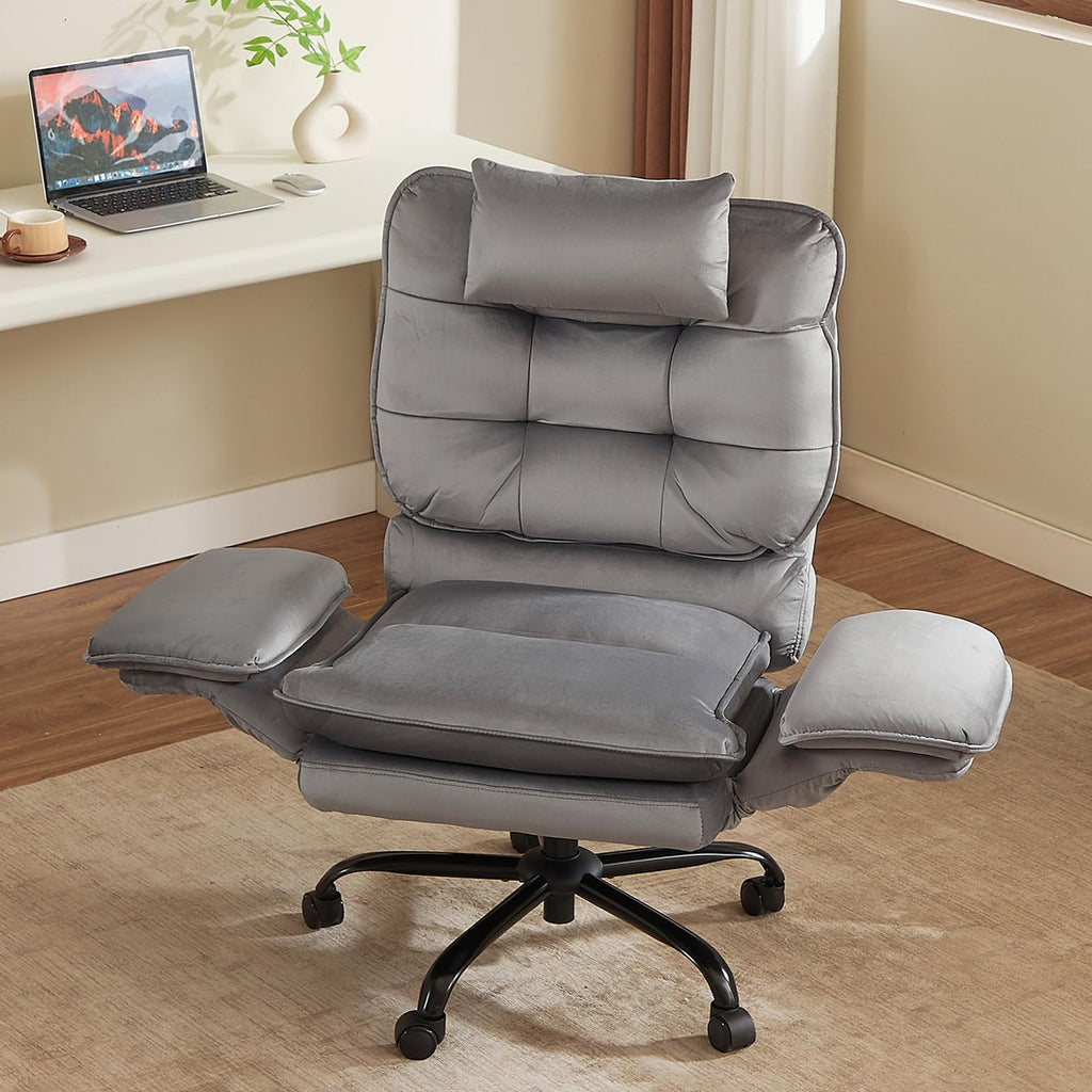 Criss Cross Chair with Flip-Up Armrests and Headrest, 135° Reclining Swivel Executive Chair with Side Pockets, Big and Tall Computer Desk Chair for Home Office Bedroom, Grey Velvet