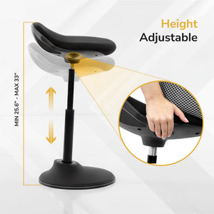Ergonomic Sit Stand Stool, Height Adjustable Leaning Chair for Standing Desk, 360° Tilting Active Sitting Seat, High-Density Foam Cushion, Non-Slip Weighted Base, Easy Assembly (Black)