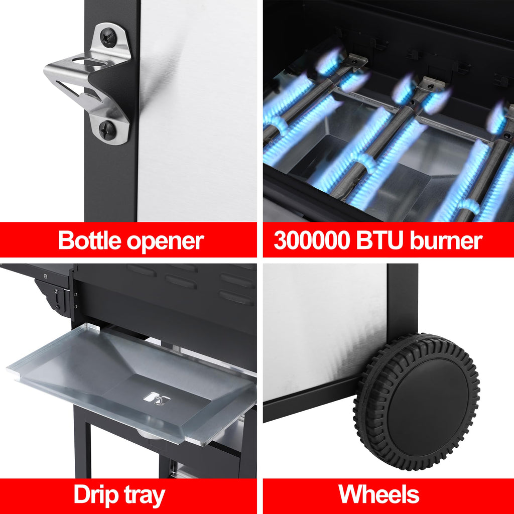 3-Burner Propane Gas Grill with Stainless Steel Cabinet - Outdoor BBQ Grill Side Table, Knob Controls, Cast Iron Grates & Thermometer