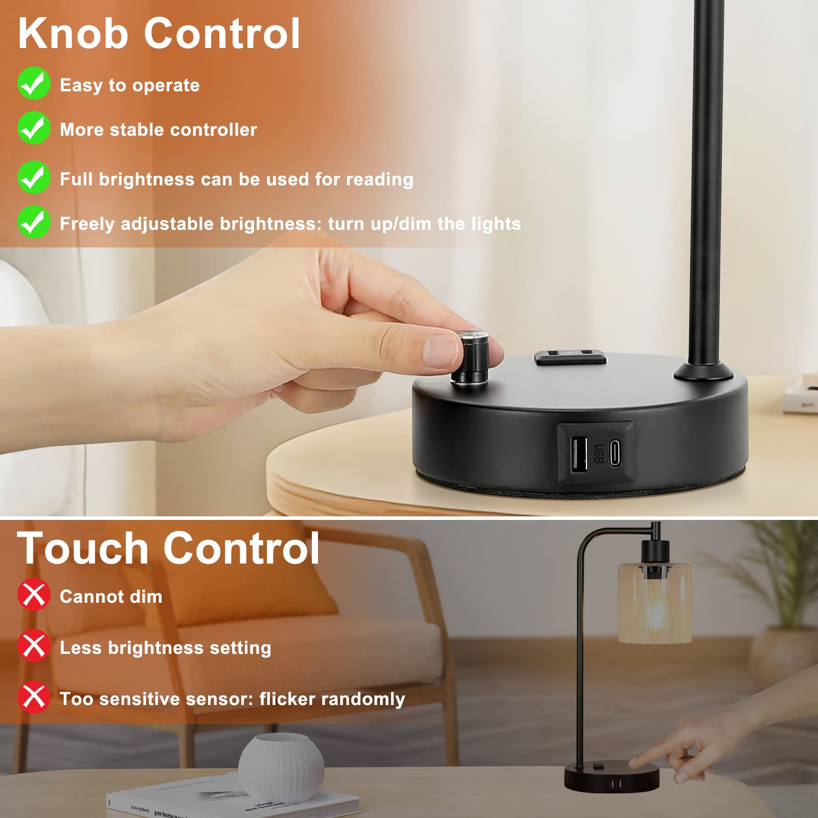 Industrial Desk Lamps for Office Set of 2 - Fully Dimmable Bedside Lamps with USB A C Ports and Outlet, Black Nightstand Lamps with Grey Glass Shade for Living Room, Table Lamps for Bedrooms Reading
