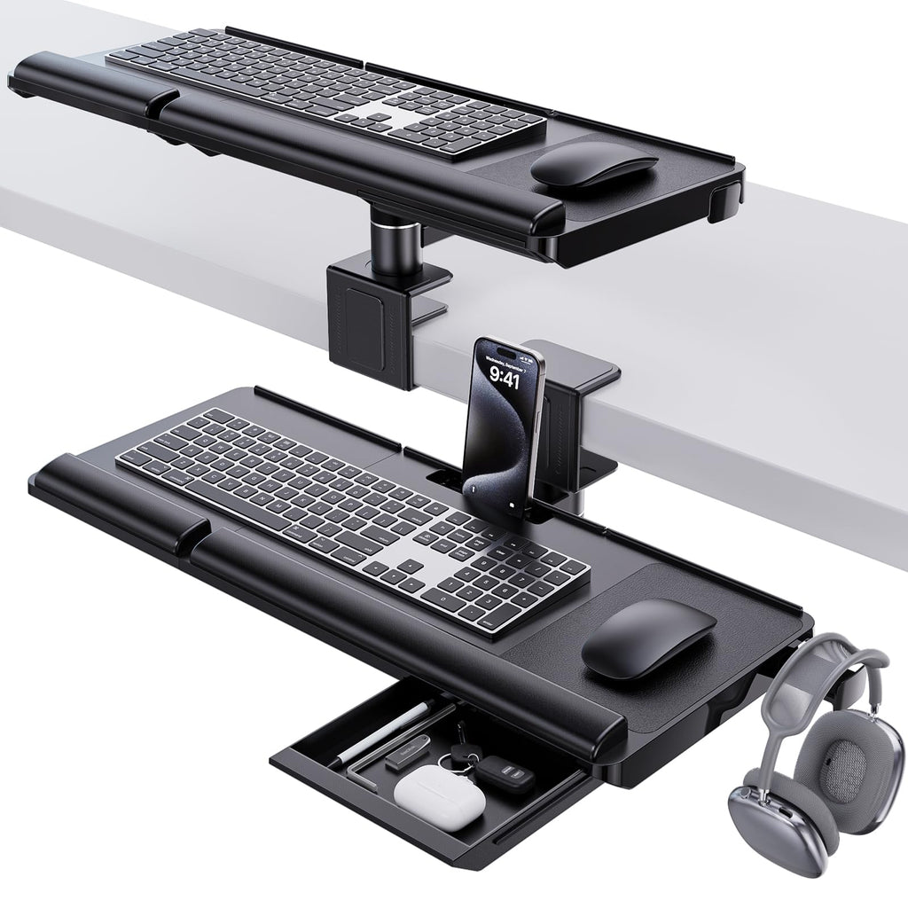 Upgraded Adjustable Keyboard Tray for Above Desk & Under Desk Use - Ergonomic Sit-Stand Keyboard Riser with 360° Rotation, 24.4"×10" Keyboard Stand with Wrist Rest & Storage Drawer - Black