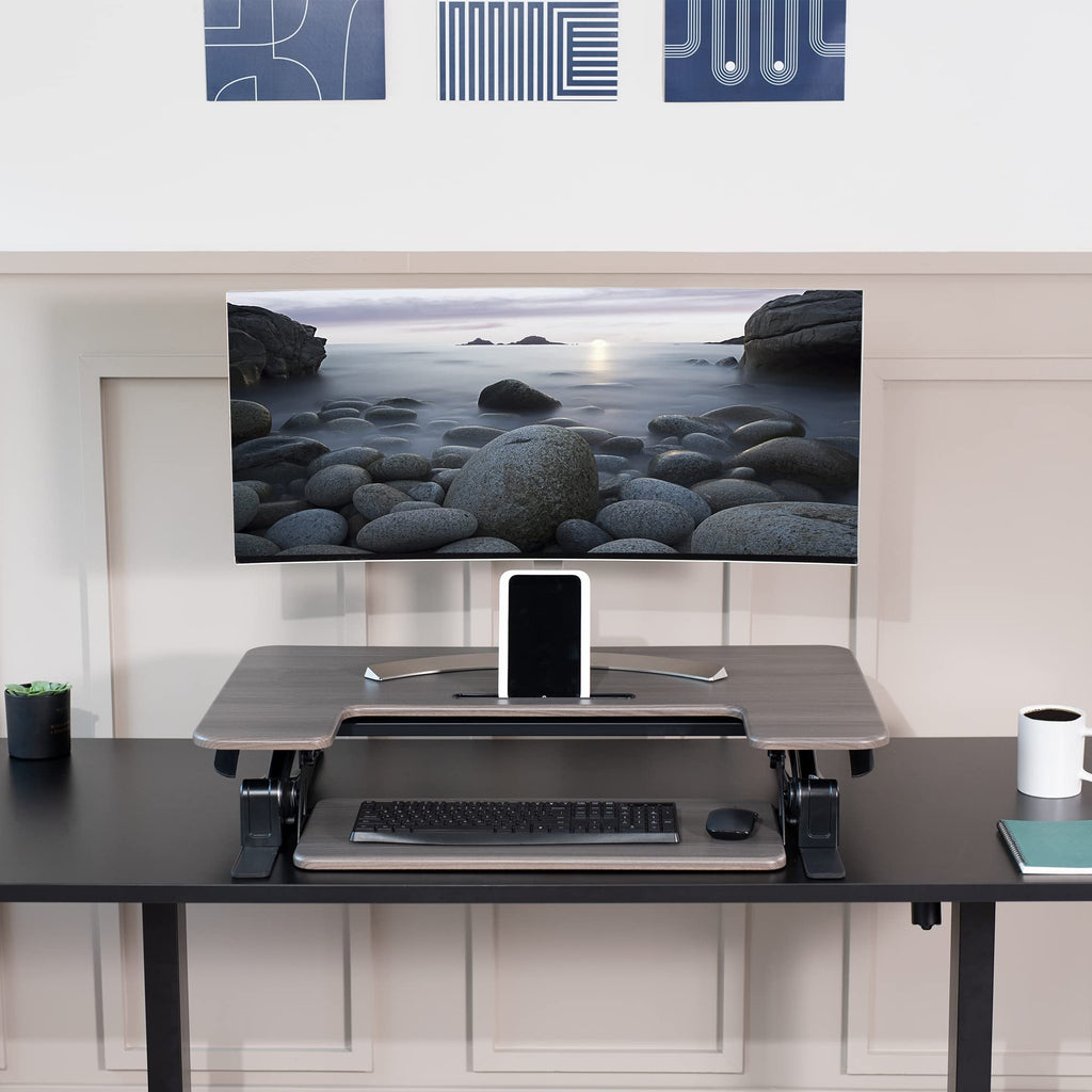 36 inch Height Adjustable Stand Up Desk Converter, V Series, Quick Sit to Stand Tabletop Dual Monitor Riser Workstation, Gray Top, Black Frame, DESK-V000VG