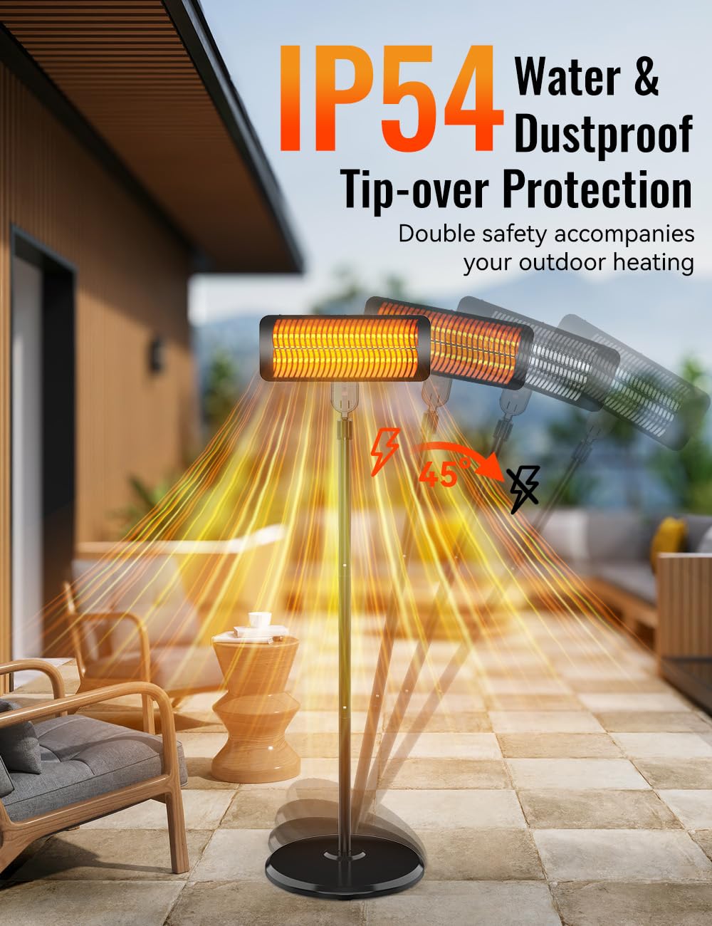 Outdoor Heaters for Patio, 12H Timer&3 Heat Level, IP54 Waterproof Electric Heater,1500W Infrared Heating Covers 300Sq.ft, Tip-Over Protection, Towel Bracket, Remote, 83" Patio Heaters for Outdoor Use