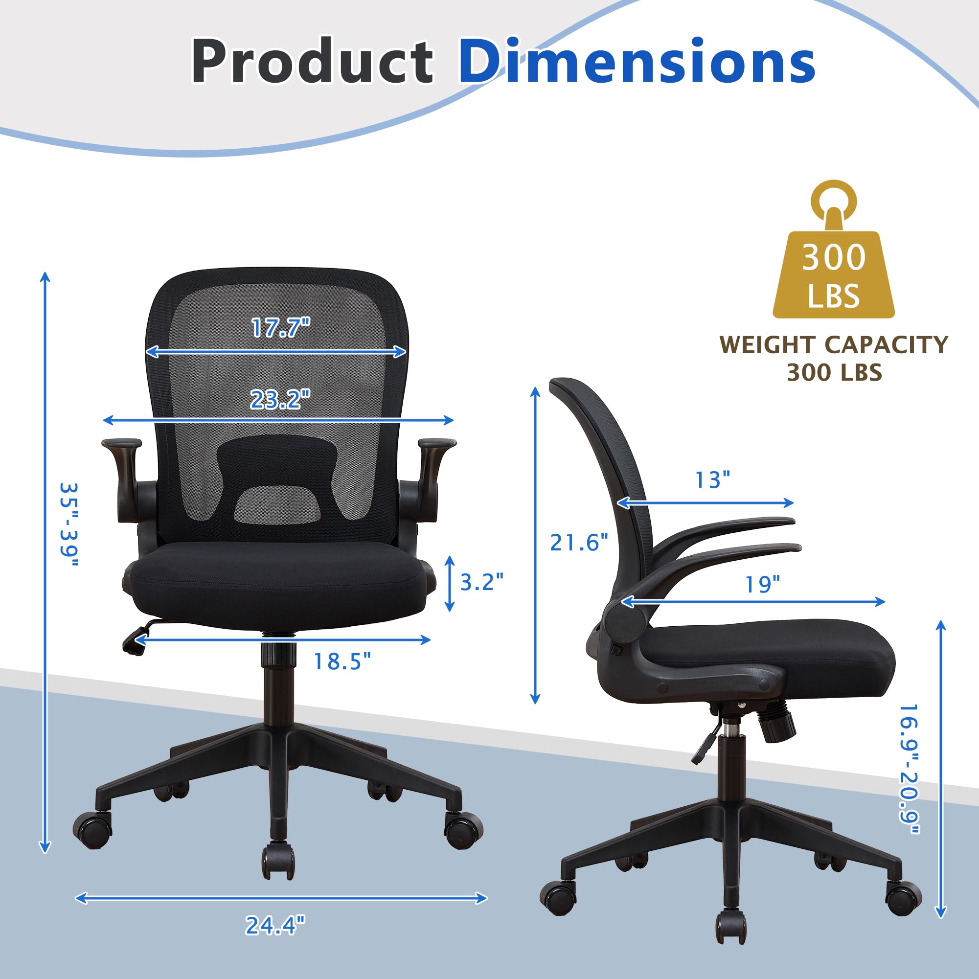 Foldable Office Chair for Small Spaces | Home Office Folding Desk Chairs with Wheels and Flip Up Arms | Ergonomic Mesh Computer Chair for Adults & Kids Black