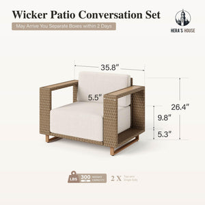 2 Pieces Patio Furniture Set, Outdoor Rattan Wicker Armchairs Set of 2, All Weather Patio Conversation Set with 5.3