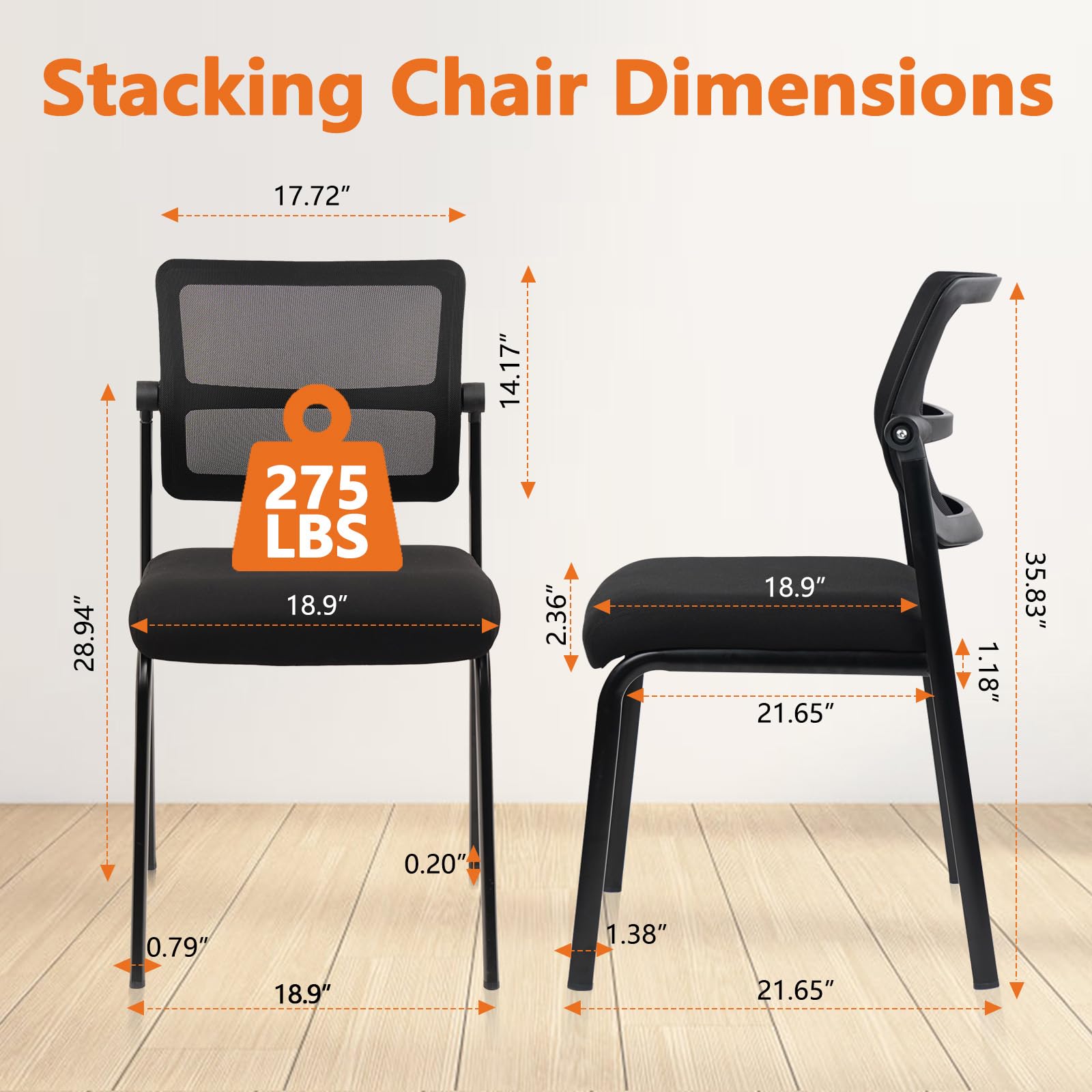 Stacking Armless Office Waiting Room Chair with Adjustable Backrest, Stackable Mesh Guest Reception Desk Chairs with Ergonomic