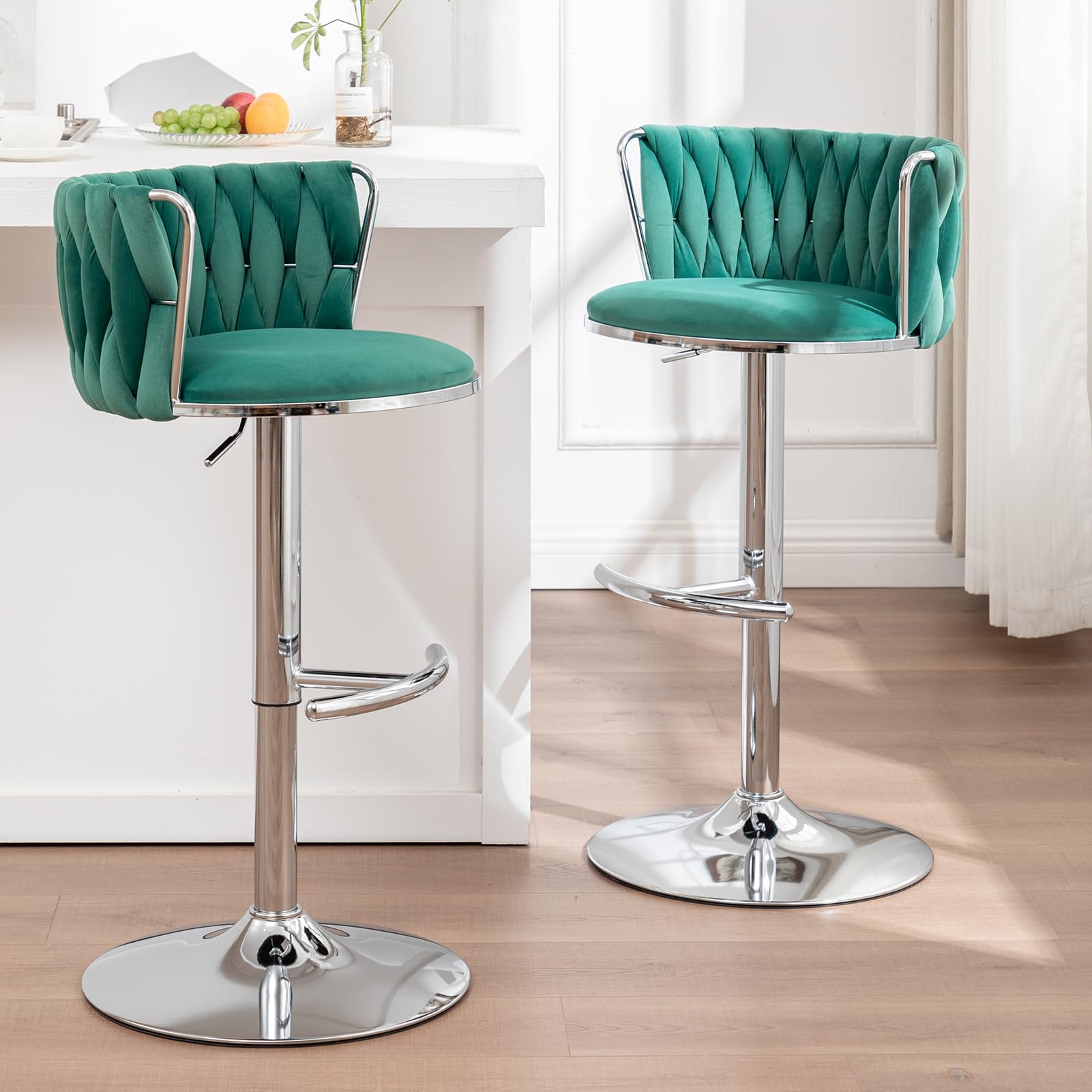 Velvet Bar Stools Set of 2, Swivel Counter Height Bar Stools with Back, Adjustable Woven Barstools for Kitchen Island, Pub, Club (Green)