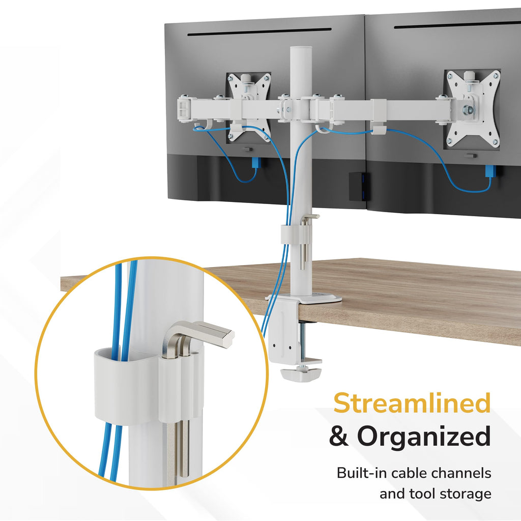 Dual Monitor Mount for Desk, Adjustable Tilt Swivel on Double Monitor Mounts for Screens up to 32”, Dual Monitor Arms for 2 Monitors, VESA 75x75 and 100x100 C-clamp & Grommet in White
