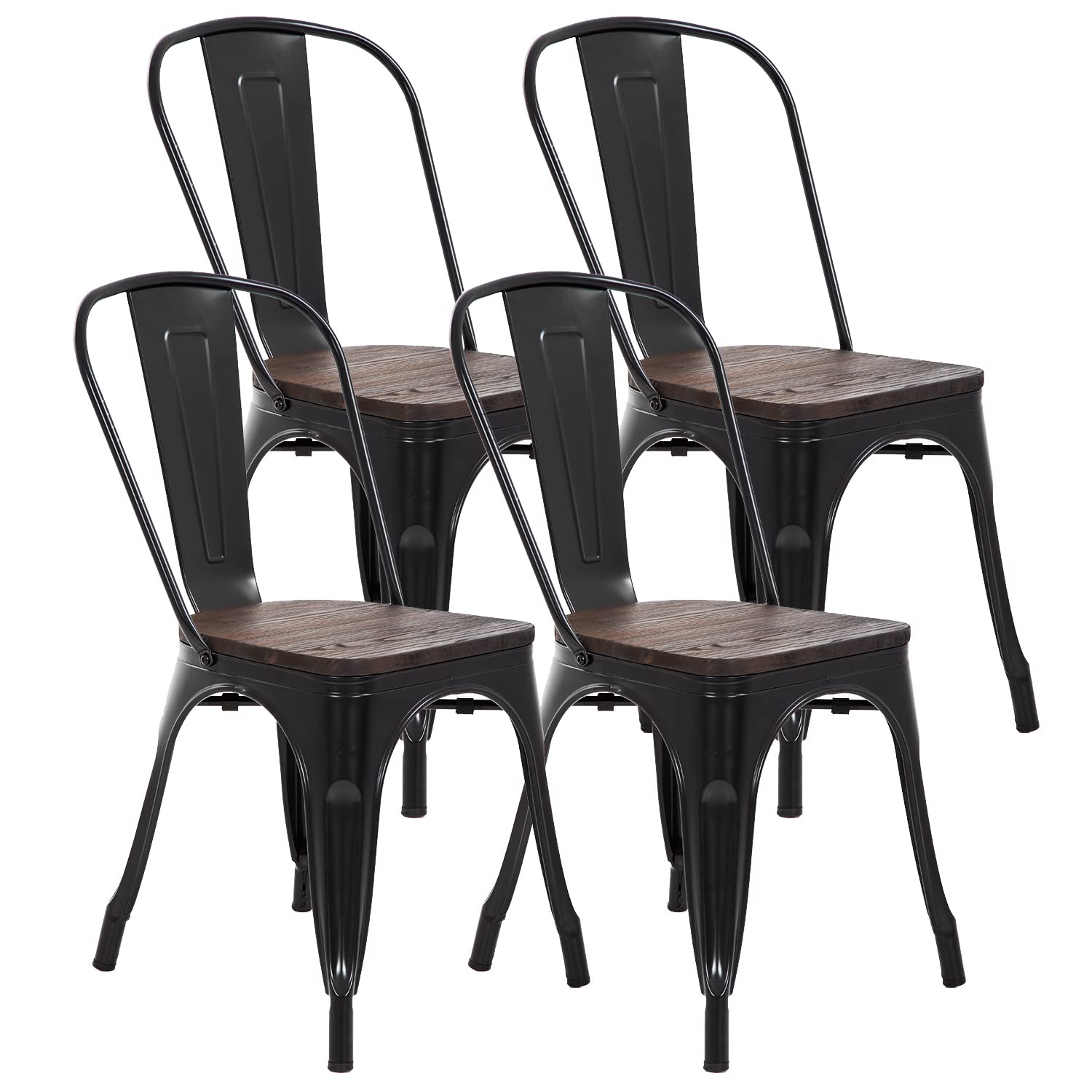 Set of 4 | Metal Dining Chairs with Wooden Seat | Black | Stackable Tolix Side Chairs with Backrest | Scratch-Resistant | Non-Slip Feet | Indoor/Outdoor Use | 330 lbs | for Dining & Kitchen