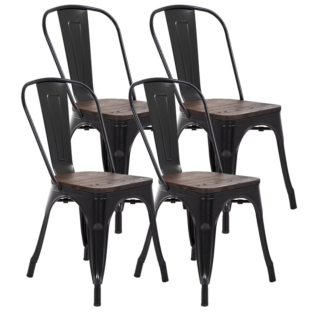 Set of 4 | Metal Dining Chairs with Wooden Seat | Black | Stackable Tolix Side Chairs with Backrest | Scratch-Resistant | Non-Slip Feet | Indoor/Outdoor Use | 330 lbs | for Dining & Kitchen