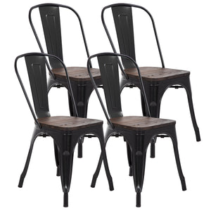 Set of 4 | Metal Dining Chairs with Wooden Seat | Black | Stackable Tolix Side Chairs with Backrest | Scratch-Resistant | Non-Slip Feet | Indoor/Outdoor Use | 330 lbs | for Dining & Kitchen