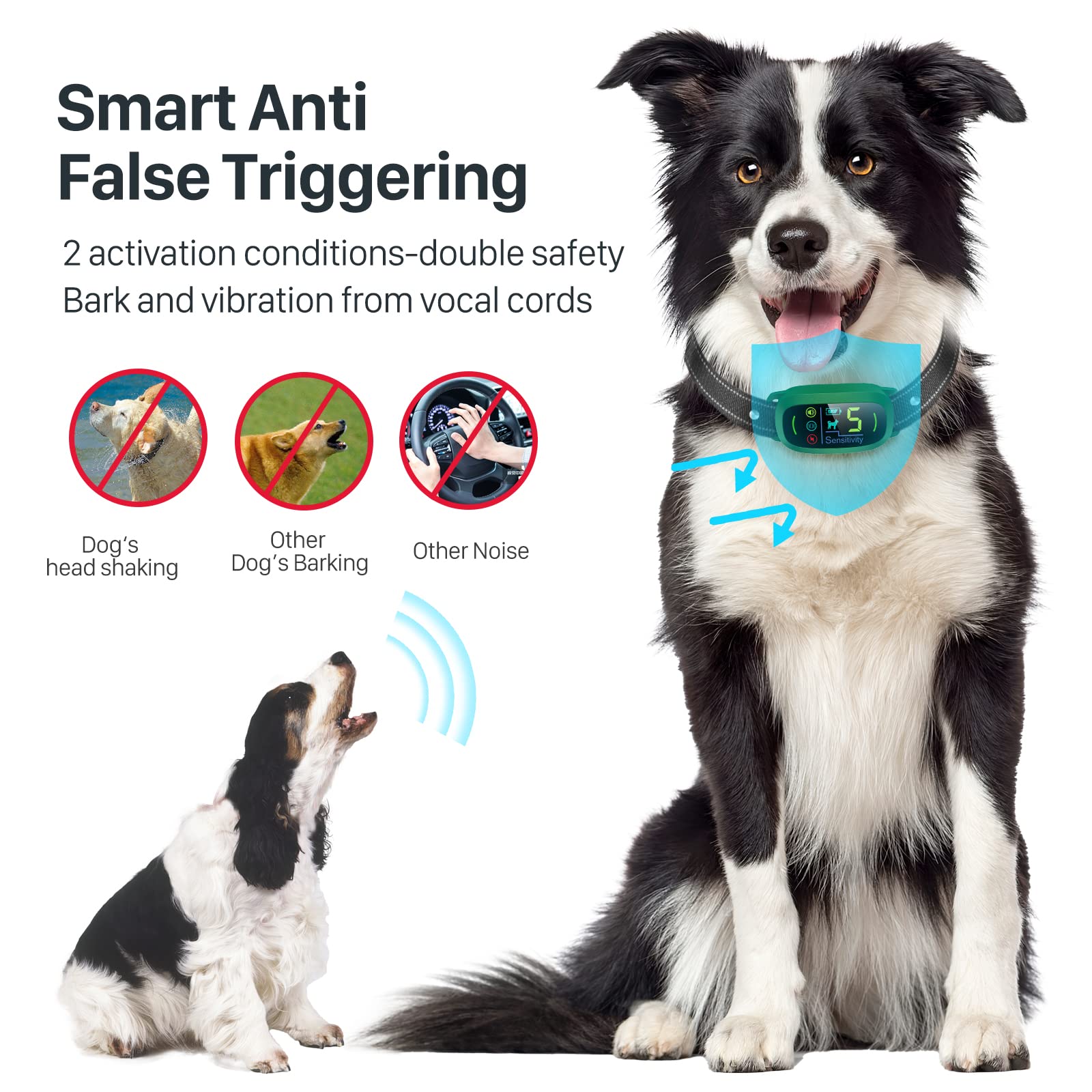 Bark Collar, Rechargeable Dog Bark Collar with 5 Adjustable Sensitivity and Intensity Beep Vibration, Anti Barking Collar for Small Medium Large Breed Dogs (Green)