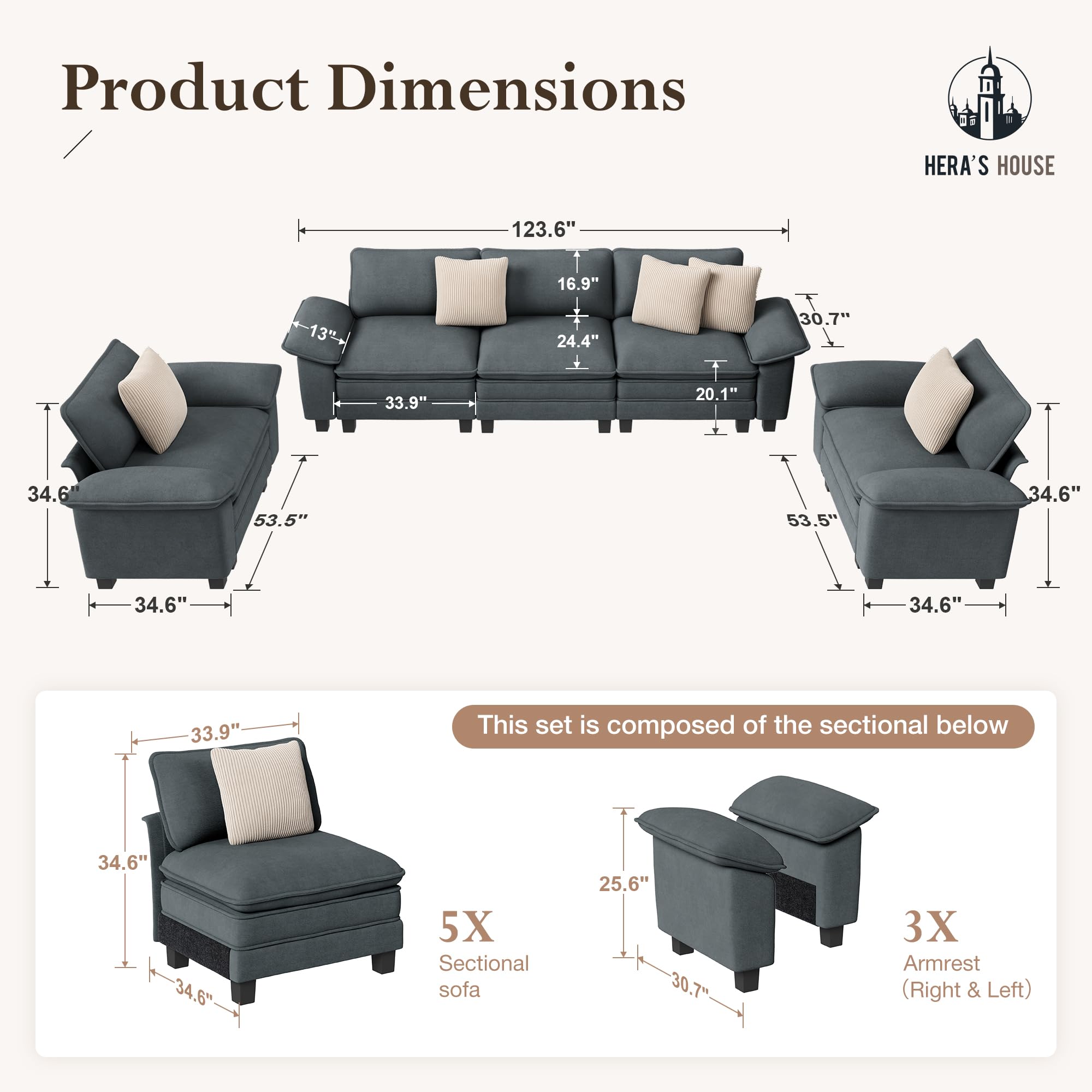 3 Pieces Modular Sectional Sofa Sets, Oversized Couch Set with Loveseat and Armchairs, Comfy Cloud Couches with Throw Pillows, 5-Seater Deep Seat Sofa for Living Room, Chenille Blue