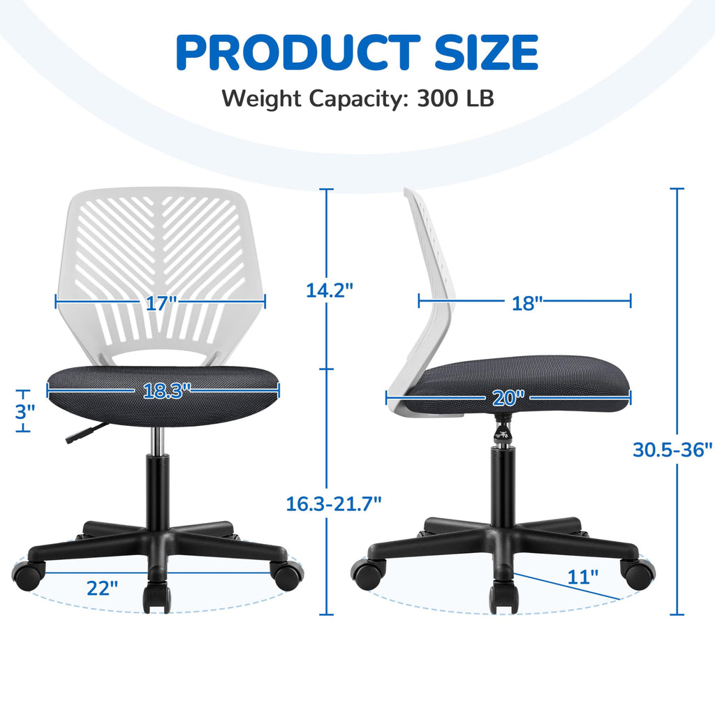 Students Cute Desk Chair Low-Back Armless Study Chair w/Lumbar Support Adjustable Swivel Chair in Home Bedroom School, Dark Gray