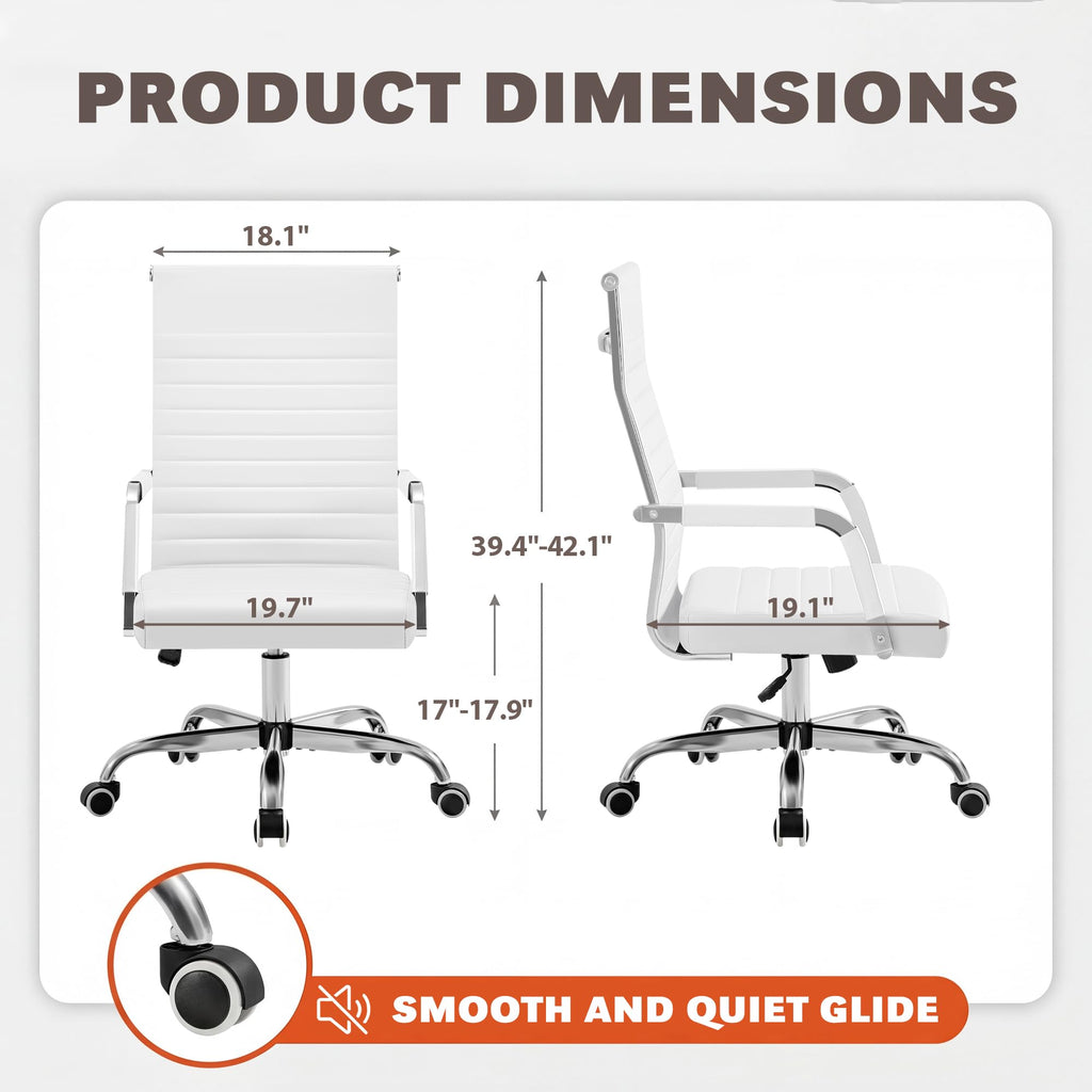 (4 pcs, White) Ergonomic Office Desk Chair, Executive Ribbed Mid-Back PU Leather Conference Room Chair Adjustable Swivel Chair with Arms