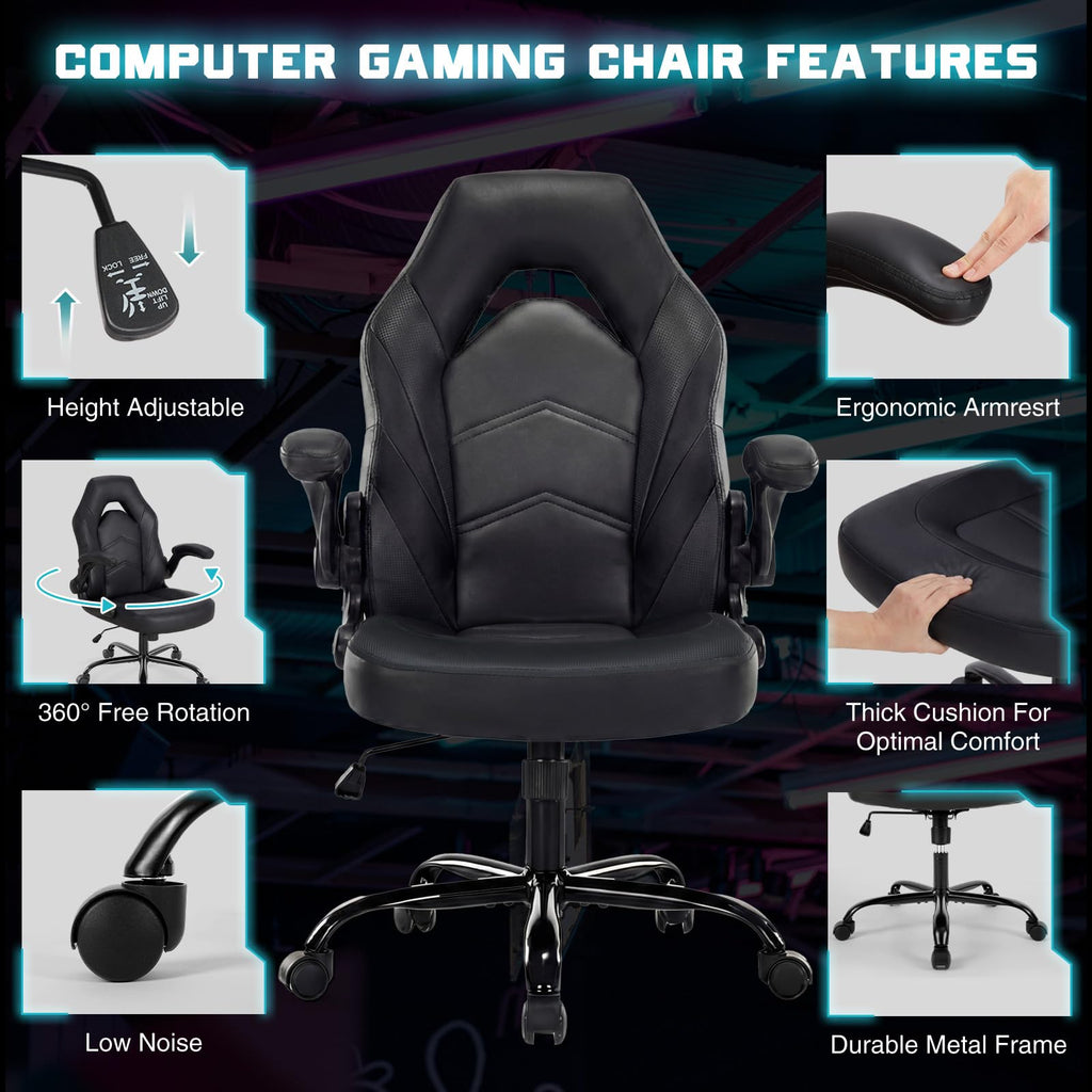 Computer Gaming Desk Chair - Big Tall Ergonomic Lumbar Support with Flip-up Armrest and 360° Swivel Wheels, PU Leather Height Adjustable, for Home and Office, Black