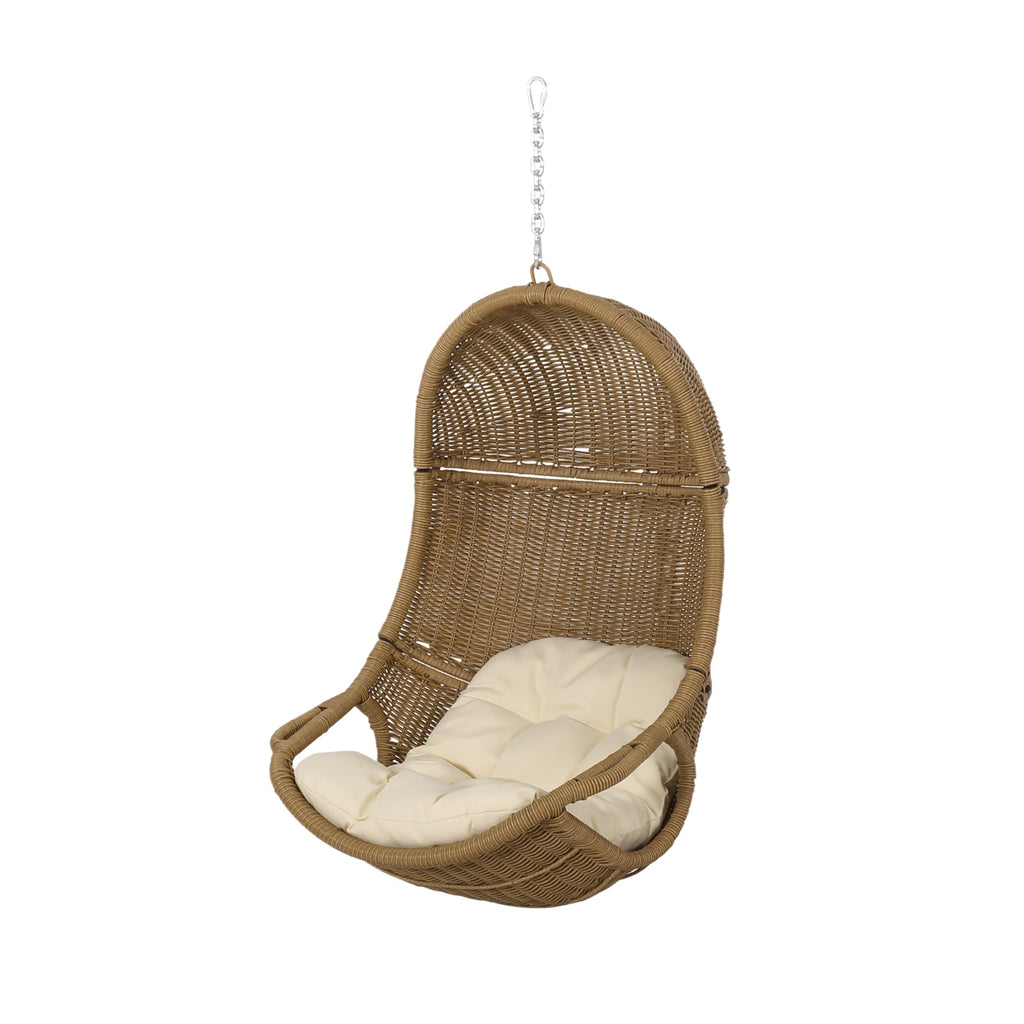 Hanging Basket Chair with Cushion, Outdoor Indoor Basket Chair, Boho Garden Rattan Lounger Porch Swing Furniture, Modern Patio Decor, Brown+Beige