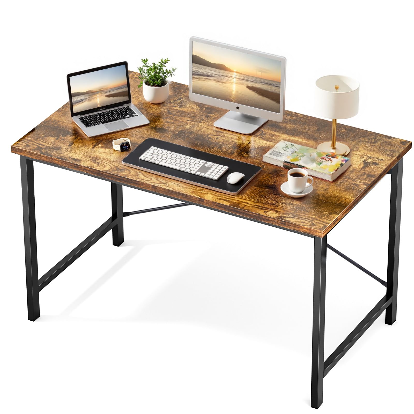Computer Small Office Desk 47 Inch Student Study Writing Work with Metal Frame Wood Tabletop Modern Simple PC Home Bedroom Table, Rustic Brown