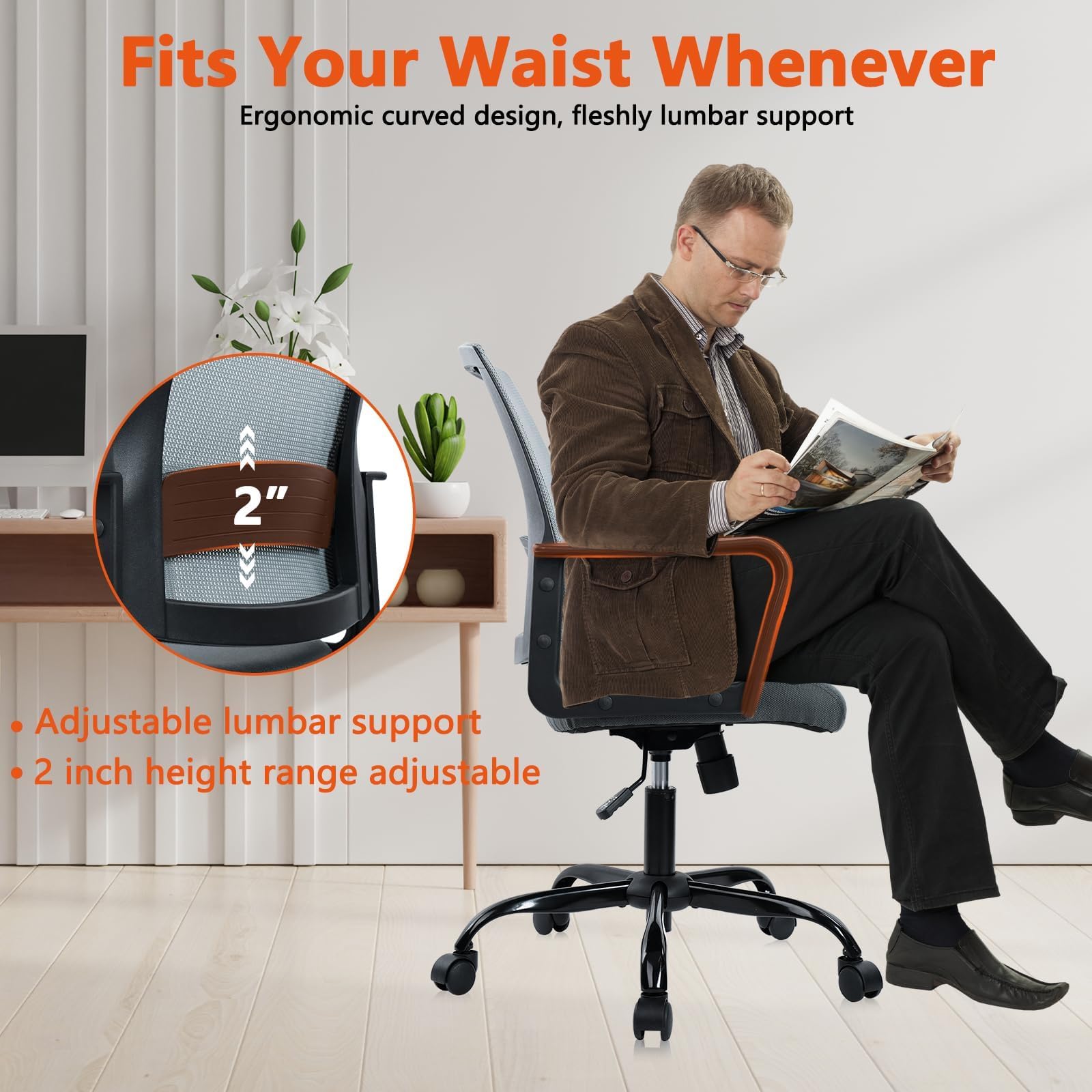 Ergonomic Office Desk Chair - Mesh Office Chair with Adjustable Lumbar Support, Rolling Comfortable Computer Task Chairs with Arms for Home Conference-Gray, 10 Pack