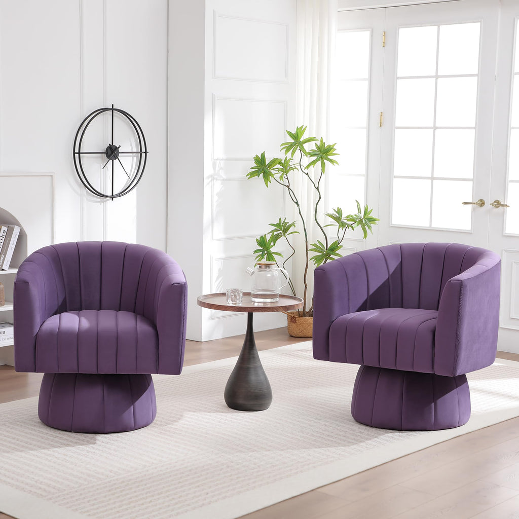 Swivel Accent Barrel Chair Set of 2, Cute Comfy Small Round 360° Arm Chair, Velvet Sofa Club Reading Chair for Living Room Bedroom Office Purple