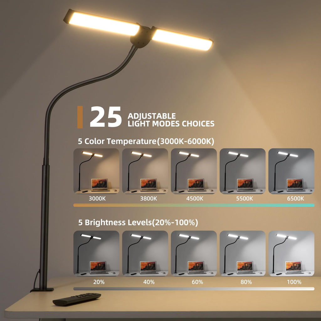 Led Desk Lamp for Home Office, Eye-Care Architect Light with Clamp, Smart Double Head Computer Monitor Table Clip Lamp, Adjustable Flexible Goose-Neck, 25 Lighting Models, Task Lamp, Black